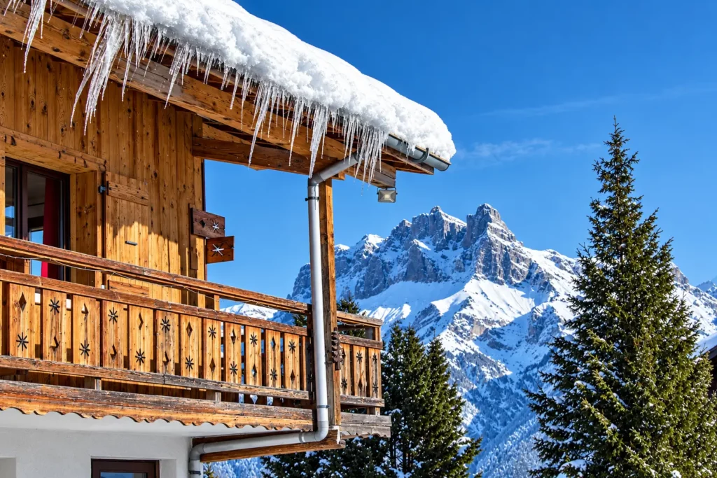 Chalet en bois enneigé avec stalactites de glace et vue panoramique sur les montagnes en Haute-Savoie